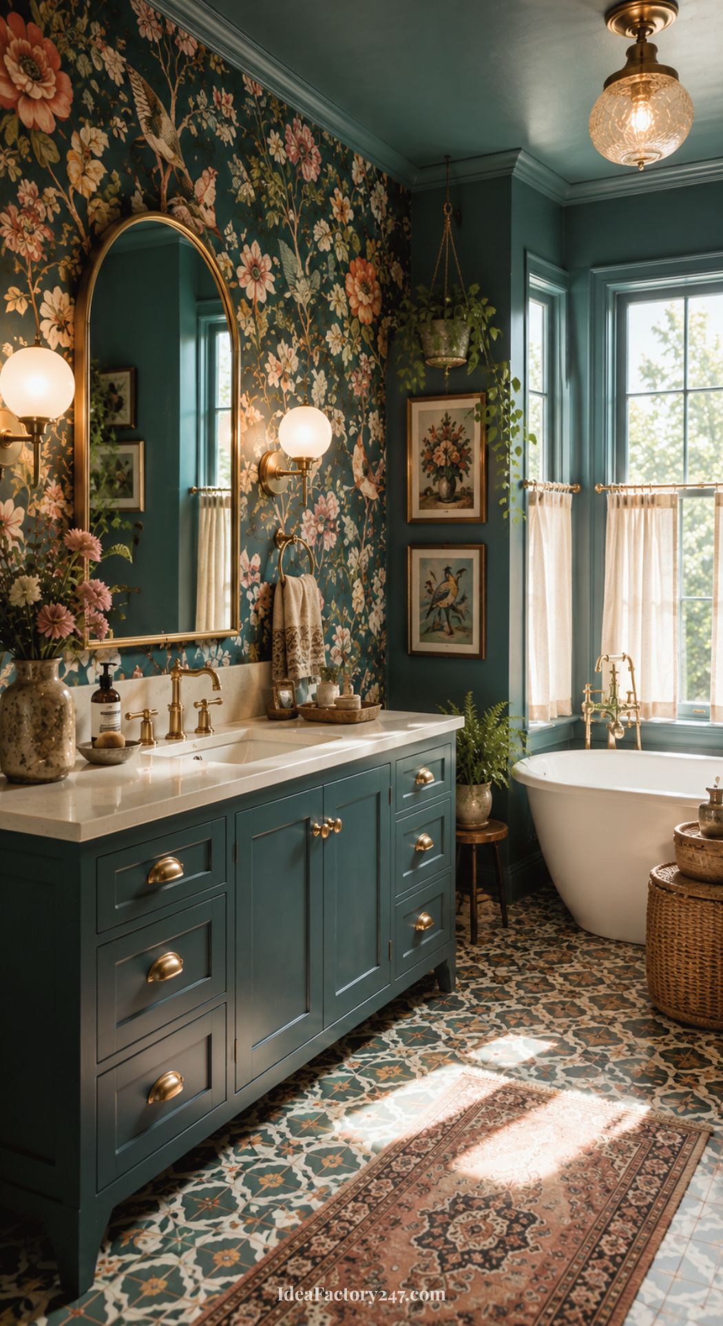 Whimsical bathroom with vintage-style charm, featuring floral wallpaper, a teal vanity, brass fixtures, a round mirror, elegant wall sconces, a freestanding tub, large window with white curtains, patterned tile floor, and potted plants.