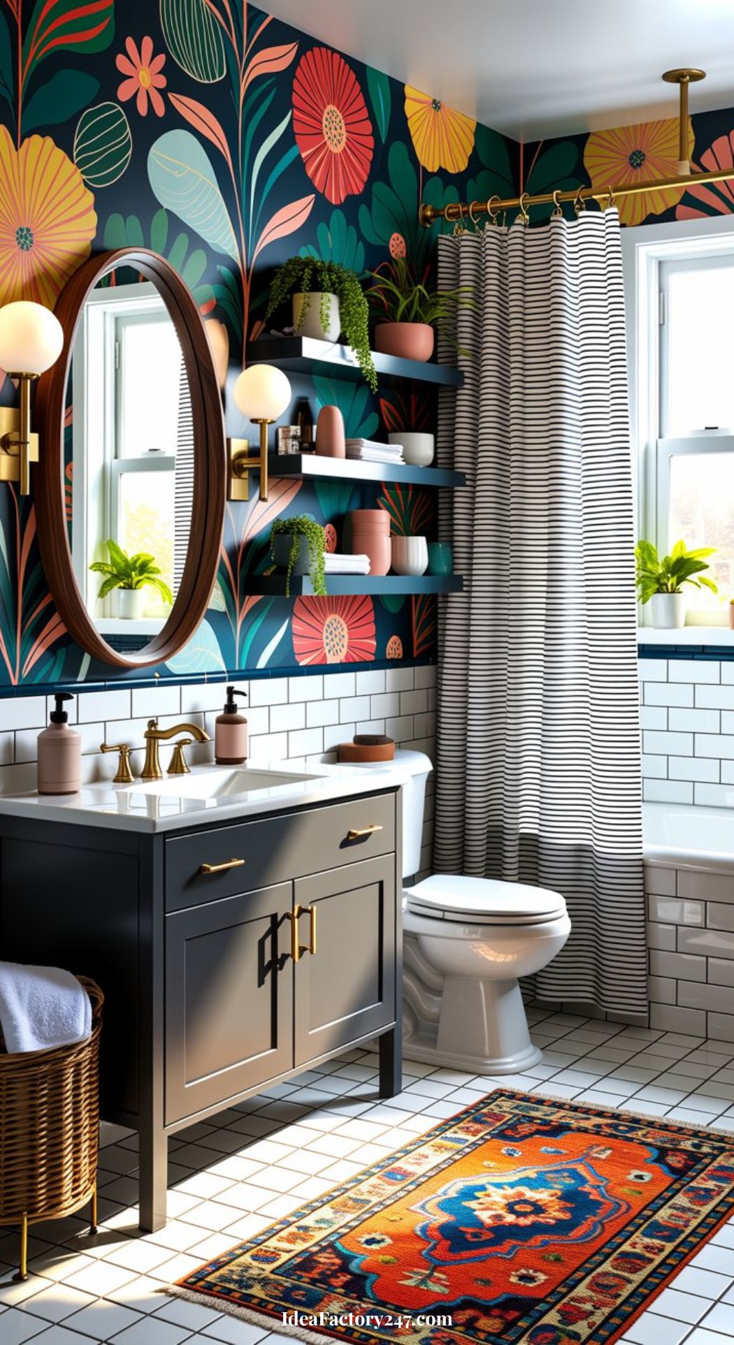 Whimsical bathroom featuring colorful floral wallpaper, a bold black vanity, round mirror, striped shower curtain, crisp white subway tiles, open shelves adorned with plants, and a vibrant patterned rug brightening up the white tiled floor.