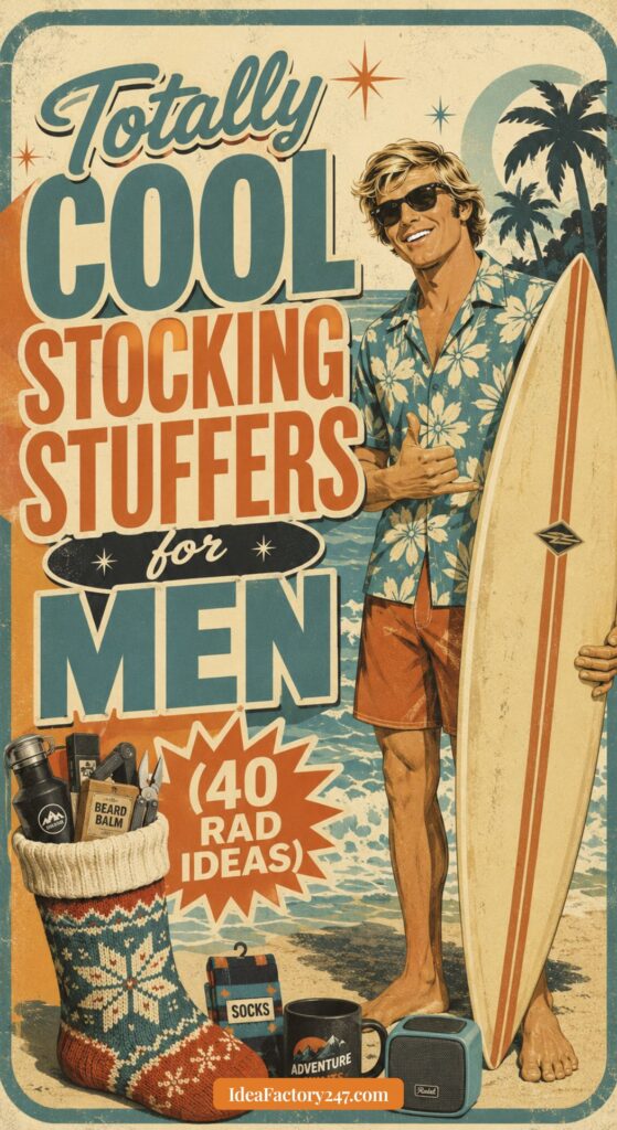 Retro-style poster of a smiling man in sunglasses holding a surfboard, surrounded by palm trees, beach, and stocking stuffers for men—like socks, beard balm, and adventure gear. Text highlights 40 Rad Ideas.