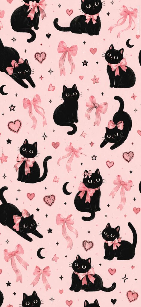 Pattern of cute black cats with big eyes, pink bows, hearts, stars, and crescent moons on a light pink background. The cats are in various playful poses.