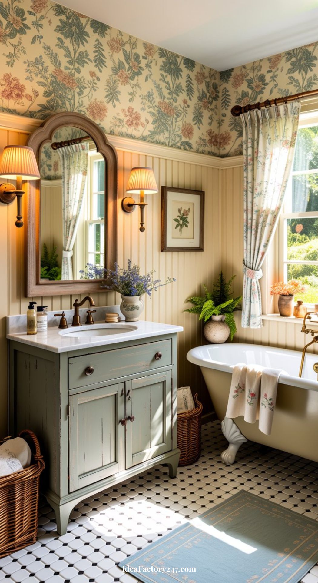 A vintage-inspired, whimsical bathroom with floral wallpaper, a green vanity, mirror, wall lamps, a freestanding tub, plants, woven baskets, and a window with floral curtains. Sunlight streams in, creating a cozy and inviting feel.