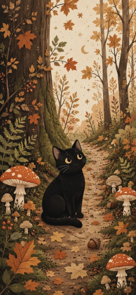 A black cat sits on a forest path surrounded by autumn leaves, mushrooms, and ferns, looking up. Tall trees with fall foliage and a crescent moon are visible in the background.