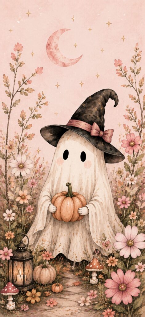 A cute ghost in a witch hat holds a pumpkin, surrounded by flowers, pumpkins, and a lantern. Mushrooms line the path while a crescent moon and stars fill the pink sky, creating an enchanting scene perfect for a cute Halloween wallpaper.