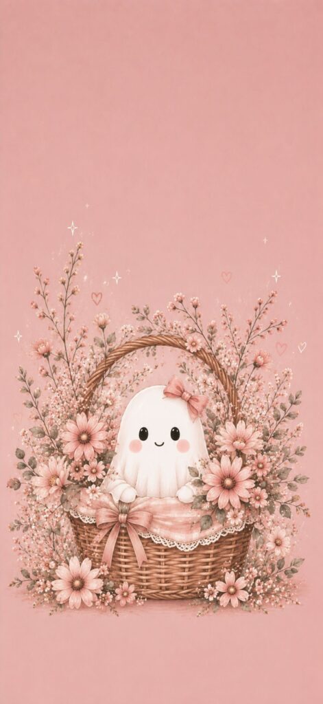A cute, smiling white ghost with rosy cheeks and a pink bow sits in a wicker basket surrounded by pink flowers and delicate floral details on a soft pink background.