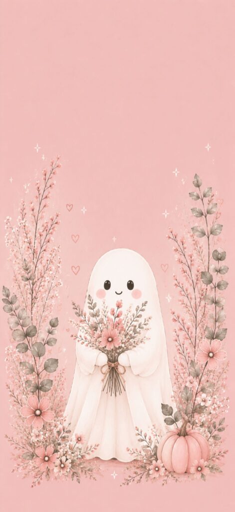 A cute ghost holding a bouquet of pink flowers stands surrounded by soft pink plants and two pumpkins, set against a pastel pink background.