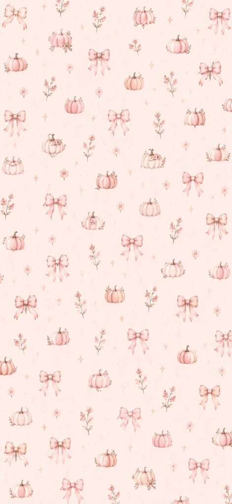 Seamless pattern with light pink pumpkins, bows, small flowers, and gold stars on a pale pink background. The design is delicate and whimsical, creating a soft and charming aesthetic.