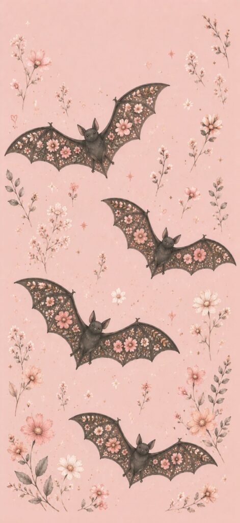 Four bats with floral patterns on their wings fly among delicate pink and white flowers and small stars, set against a soft pink background.