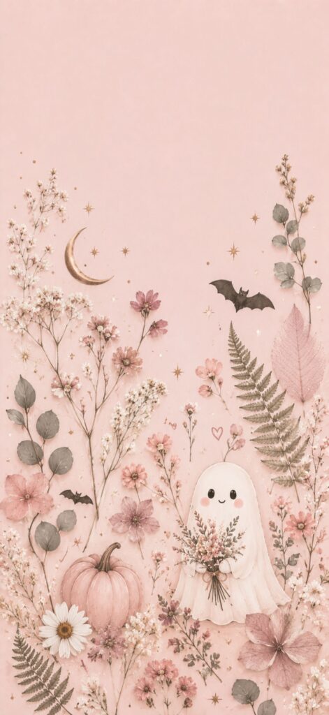 A cute ghost holding flowers stands among pink flowers, ferns, a pumpkin, a crescent moon, and a bat, all set against a soft pink background with tiny gold stars.