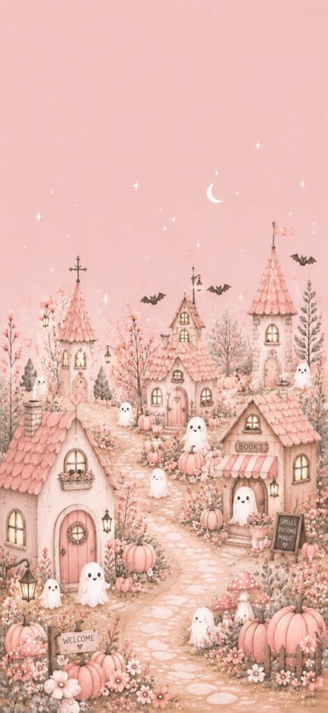 A pastel pink village with cute ghost figures, pumpkins, blooming flowers, and cozy cottages. Signs read “Welcome” and “Books.” Bats fly above, a crescent moon shines, and stars twinkle in the sky, creating a whimsical Halloween scene.