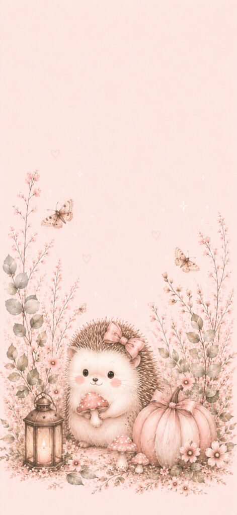A cute hedgehog with a pink bow holds a mushroom, surrounded by flowers, a lantern, pumpkins, and butterflies on a soft pink background.