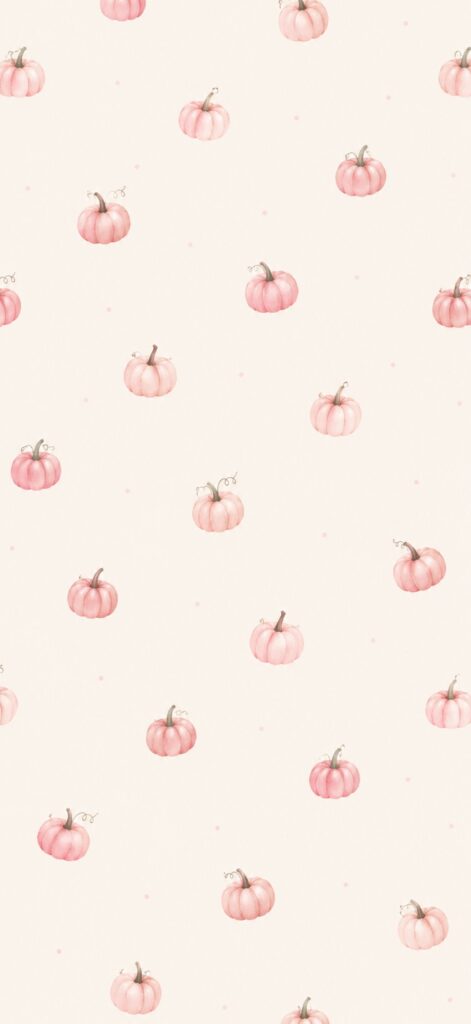 Seamless pattern of small, hand-drawn pink pumpkins scattered on a light beige background. Subtle pink dots are interspersed between the pumpkins, giving a soft, whimsical feel.