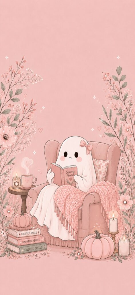 A cute ghost with a pink bow reads Spooky Stories on a pink armchair, surrounded by cozy blankets, candles, flowers, a pumpkin, and a cup of coffee, on a soft pink background.