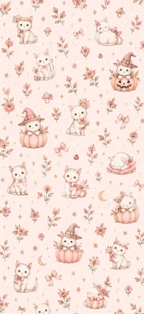 Cute white kittens with pumpkins, flowers, bows, and stars on a soft pink background. Some kittens wear witch hats, sit in pumpkins, or nap with flowers. Pattern has autumn and Halloween elements.