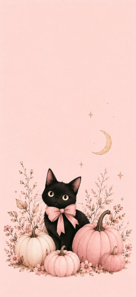 A black cat with a pink bow sits among pink and white pumpkins and flowers on a pastel background, with a crescent moon and stars in the sky.