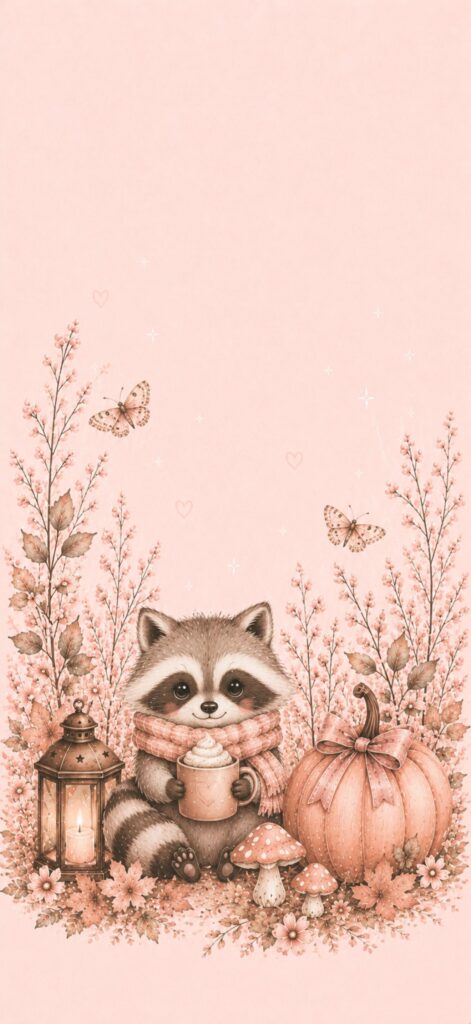 Cute raccoon in a scarf holds a mug, sitting beside a pumpkin, lantern, mushrooms, and autumn plants. Butterflies and hearts decorate the soft pink background.