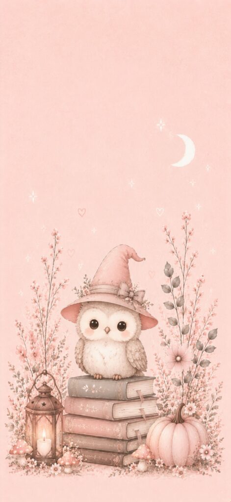 A cute owl in a pink witch hat sits on books, surrounded by flowers, a lantern, a white pumpkin, and a crescent moon, all set against a soft pink background.