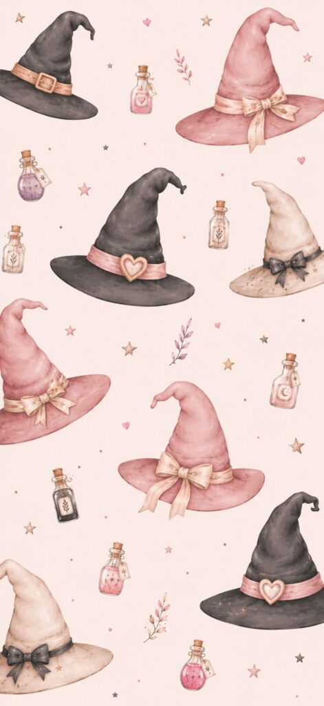 A seamless pattern of pink, black, and beige witch hats with ribbons and bows, potion bottles, stars, and small decorative elements on a light pink background.