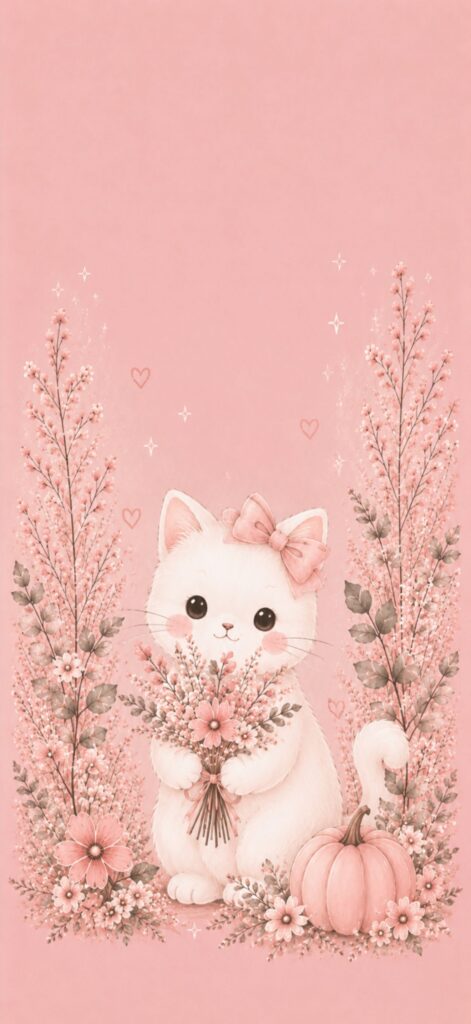 A cute white kitten with a pink bow holds a bouquet of flowers, surrounded by pink floral arrangements and a pumpkin, all set against a soft pink background with small hearts and sparkles.