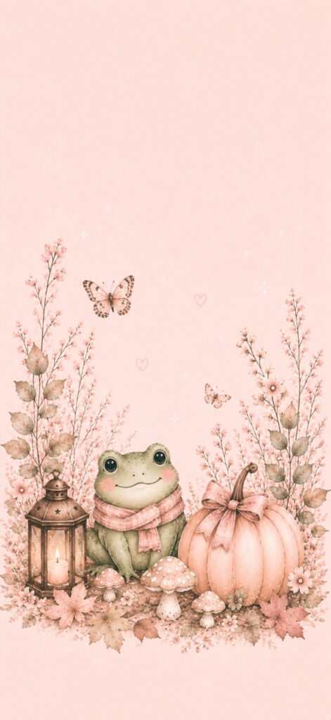 A cute frog wearing a scarf sits beside a lantern, mushrooms, and a pumpkin, surrounded by pink autumn leaves and plants, with butterflies and small hearts on a soft pink background.