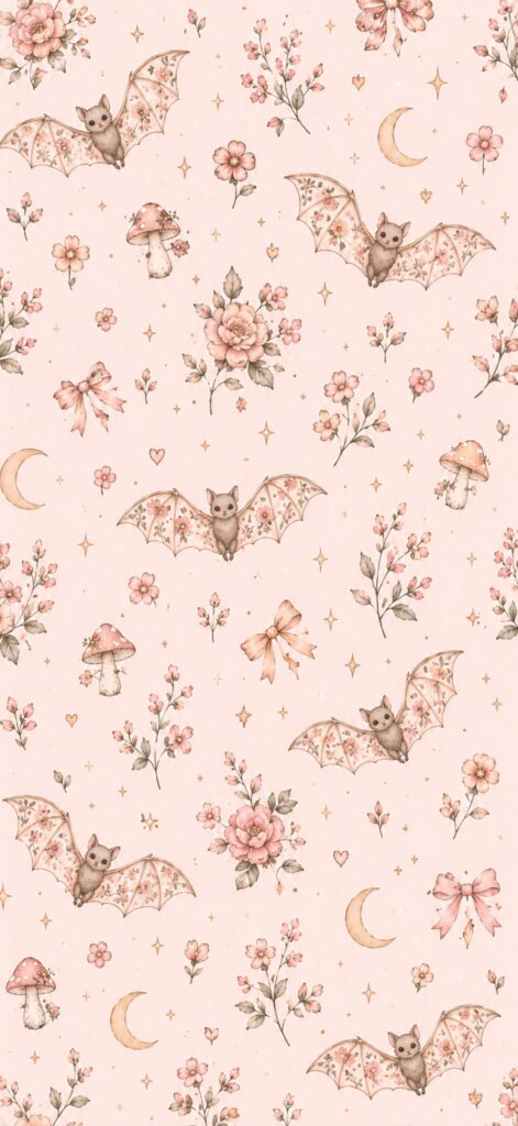 Seamless pattern with cute bats, pink flowers, mushrooms, bows, crescent moons, and small stars on a light peach background. Delicate, whimsical, and pastel-colored design.