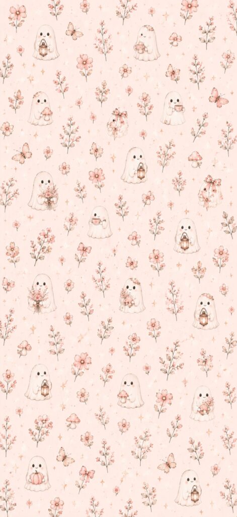 Cute pastel pattern with cartoon seal-like creatures holding lanterns and flowers, surrounded by butterflies, pink flowers, and leafy branches on a soft pink background.