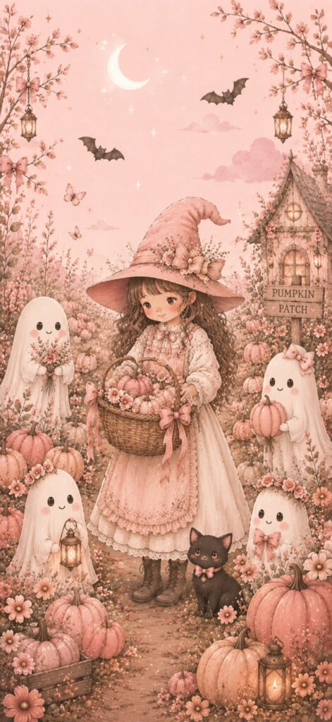 A cute girl in a pink witch hat holds a pumpkin basket, surrounded by ghosts, pumpkins, a black cat, bats, and lanterns in a pastel garden with a Pumpkin Patch sign and crescent moon overhead.