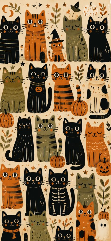 Illustration of many cats in black, orange, and gray, surrounded by leaves, pumpkins, and Halloween elements like a witch hat and skeleton costume on a beige background.