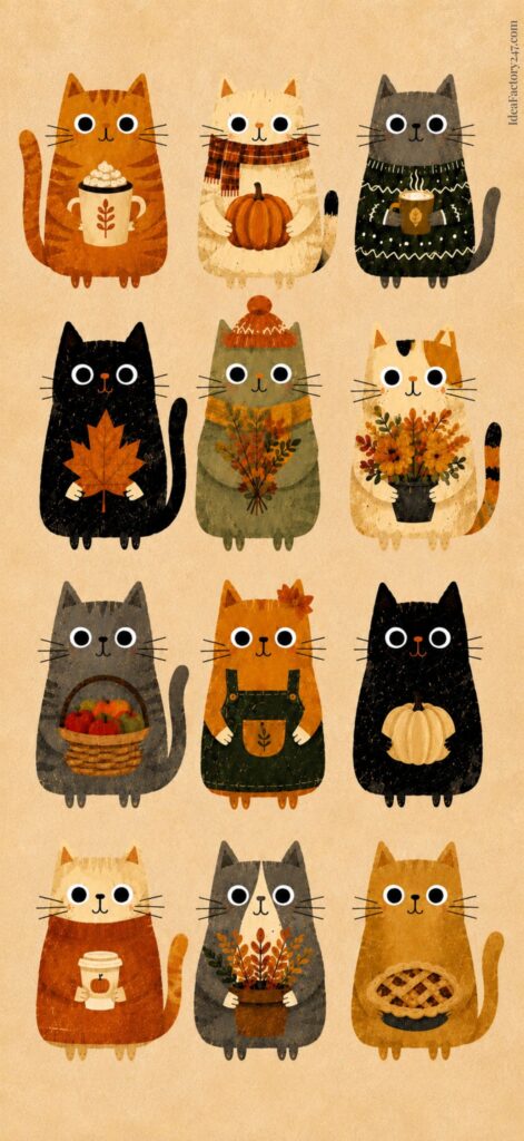 Twelve cartoon cats in autumn colors each hold seasonal items like pumpkins, pies, leaves, and drinks, set against a tan background, wearing fall-themed scarves and sweaters.