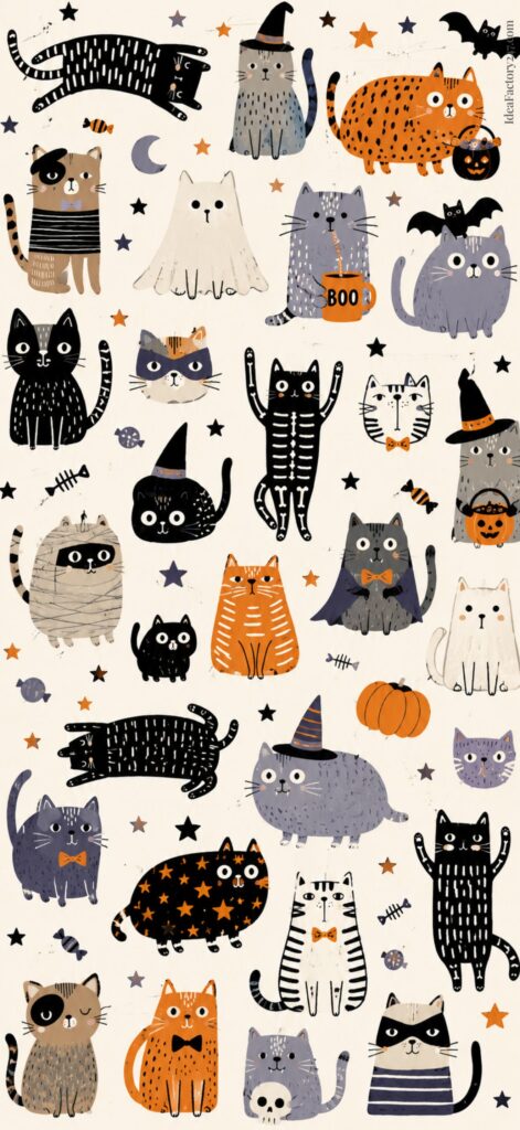 Cute cartoon cats in Halloween costumes, surrounded by pumpkins, bats, stars, ghosts, and fish bones. Cats are dressed as skeletons, witches, and wearing bow ties, creating a festive and playful Halloween scene.