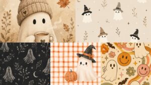 Six panels feature cute ghost illustrations with autumn and Halloween themes, including ghosts with hats, cozy drinks, pumpkins, leaves, and retro smiley faces, all in warm beige, orange, and brown tones.