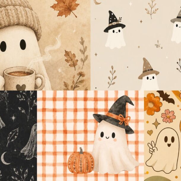 Six panels feature cute ghost illustrations with autumn and Halloween themes, including ghosts with hats, cozy drinks, pumpkins, leaves, and retro smiley faces, all in warm beige, orange, and brown tones.