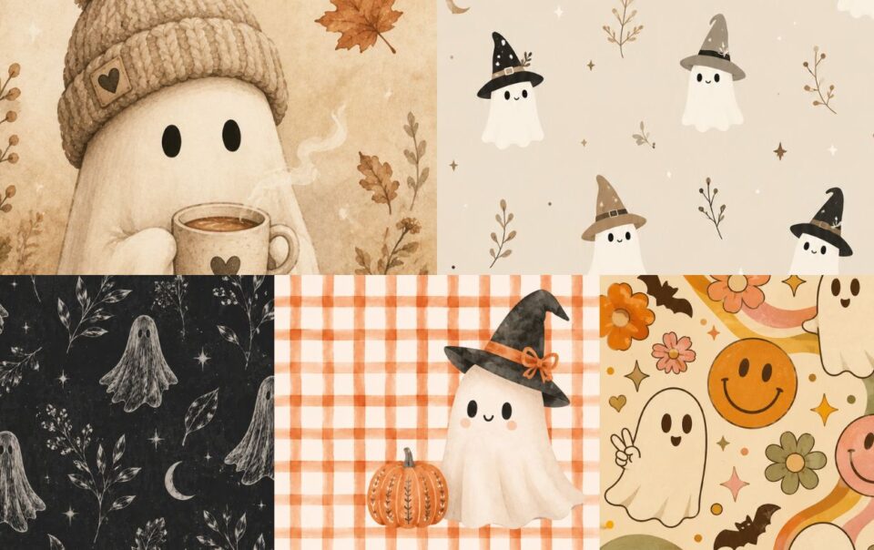 Six panels feature cute ghost illustrations with autumn and Halloween themes, including ghosts with hats, cozy drinks, pumpkins, leaves, and retro smiley faces, all in warm beige, orange, and brown tones.