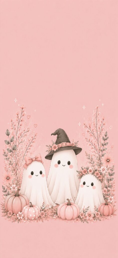 Three cute cartoon ghosts with smiling faces, one wearing a witch hat, one with a bow, surrounded by pumpkins, leaves, and flowers on a soft pink background.