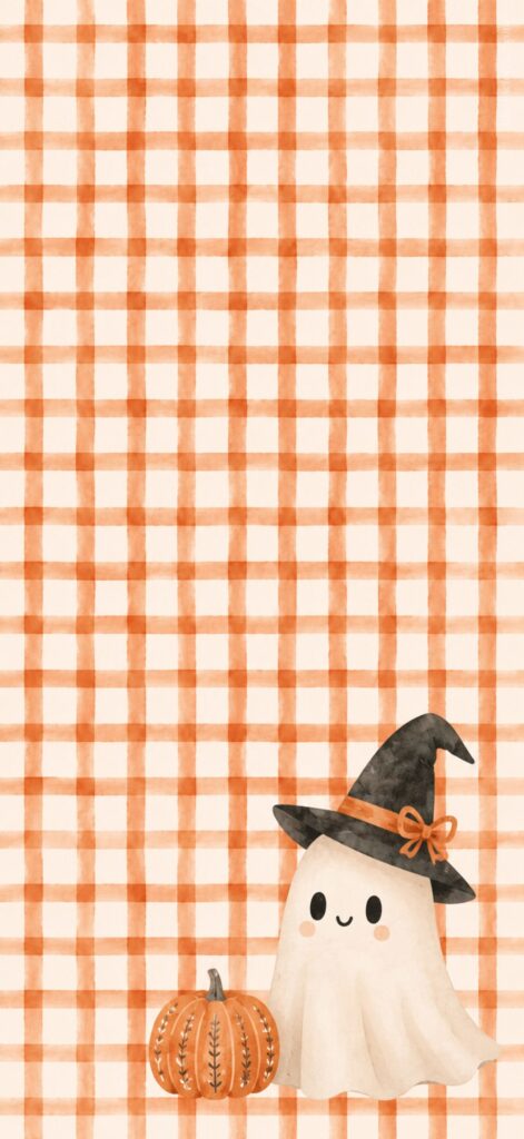 A cute ghost wearing a witch hat stands next to a pumpkin. The background is an orange and white plaid pattern.