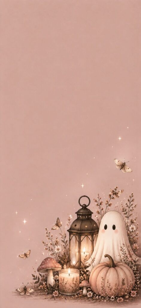 A cute ghost, pumpkins, mushrooms, and candles sit beside a lantern and flowers on a soft pink background, surrounded by glowing fireflies and sparkles.