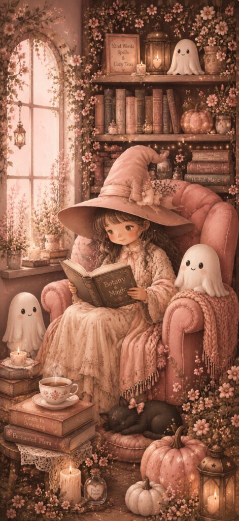 A girl in a witch hat reads a book in a cozy, flower-filled room with ghosts, a black cat, candles, pumpkins, and shelves of books. It’s a warm, magical autumn scene with a cup of tea on a table.