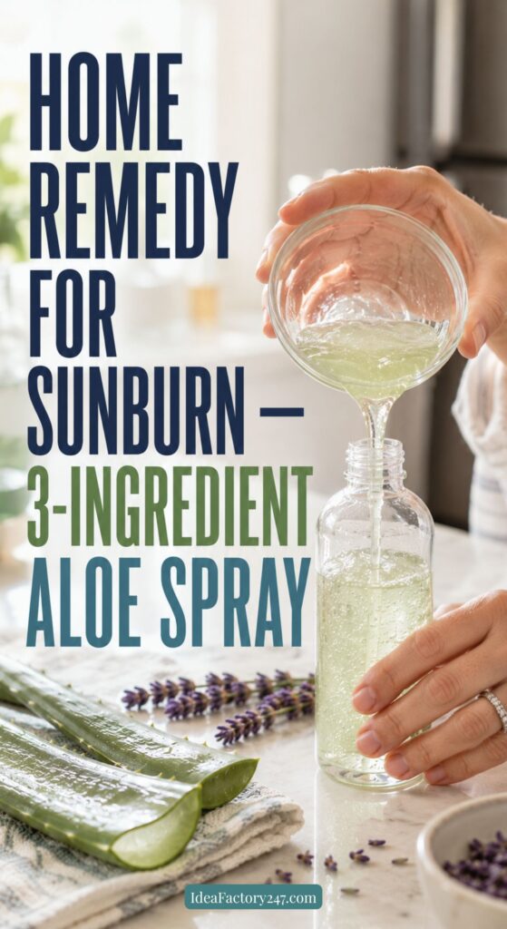 Person pouring liquid into a spray bottle next to aloe vera leaves and lavender. Text reads: Home remedy for sunburn—3-ingredient aloe spray. Light kitchen background.