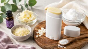 A homemade deodorant stick in a white container is displayed on a wooden board, surrounded by bowls of natural ingredients, a bottle of lavender essential oil, and eucalyptus leaves. The container’s cap is off and nearby.