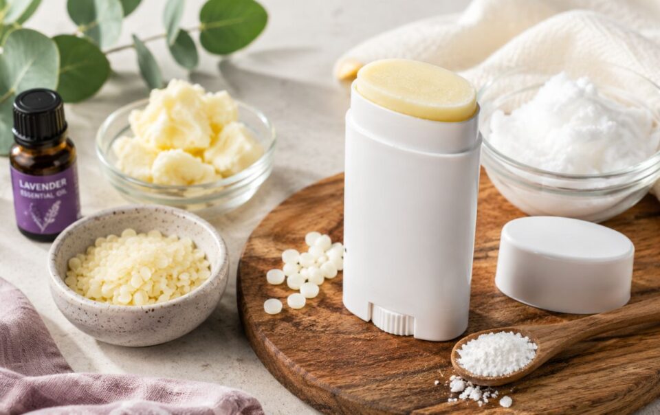 A homemade deodorant stick in a white container is displayed on a wooden board, surrounded by bowls of natural ingredients, a bottle of lavender essential oil, and eucalyptus leaves. The container’s cap is off and nearby.