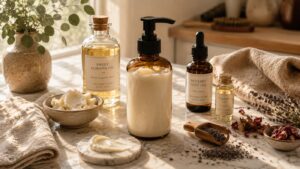 A collection of natural skincare products, including oils, creams, and dried herbs, arranged on a marble countertop with soft sunlight streaming in from a window.