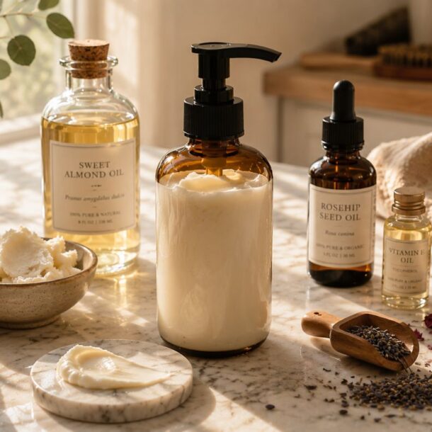 A collection of natural skincare products, including oils, creams, and dried herbs, arranged on a marble countertop with soft sunlight streaming in from a window.
