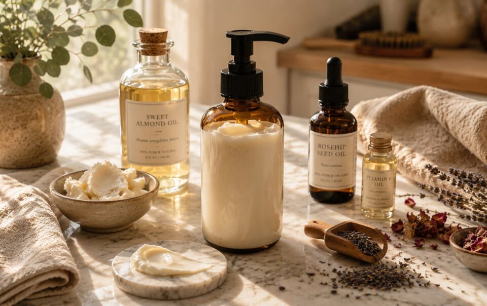 A collection of natural skincare products, including oils, creams, and dried herbs, arranged on a marble countertop with soft sunlight streaming in from a window.