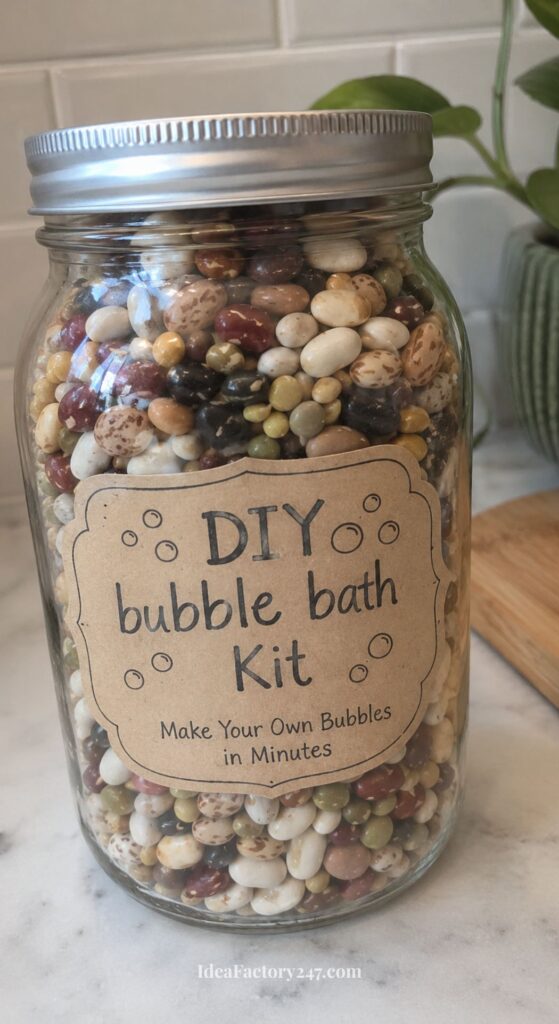 A glass jar filled with assorted dried beans has a label reading, “DIY bubble bath kit. Make your own bubbles in minutes.” The jar sits on a marble countertop near a plant.
