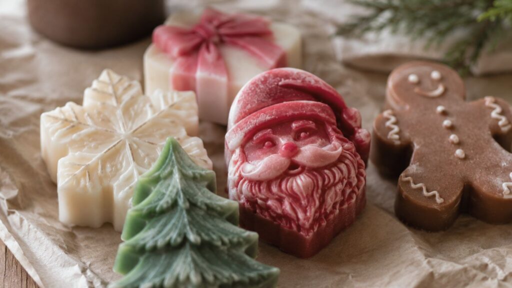 Assorted holiday-themed soaps shaped like a Christmas tree, Santa Claus, a snowflake, a present with a bow, and a gingerbread figure, displayed on crumpled paper.