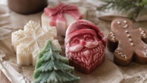 Assorted holiday-themed soaps shaped like a Christmas tree, Santa Claus, a snowflake, a present with a bow, and a gingerbread figure, displayed on crumpled paper.