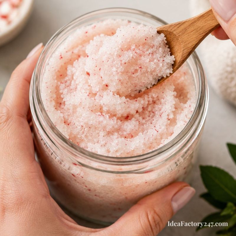 A person scooping pink, textured body scrub from a glass jar with a small wooden spoon—an ideal treat for relaxation and self-care. With leaves and bowls visible in the background, this beautifully presented scrub makes for thoughtful Christmas gifts for mom.