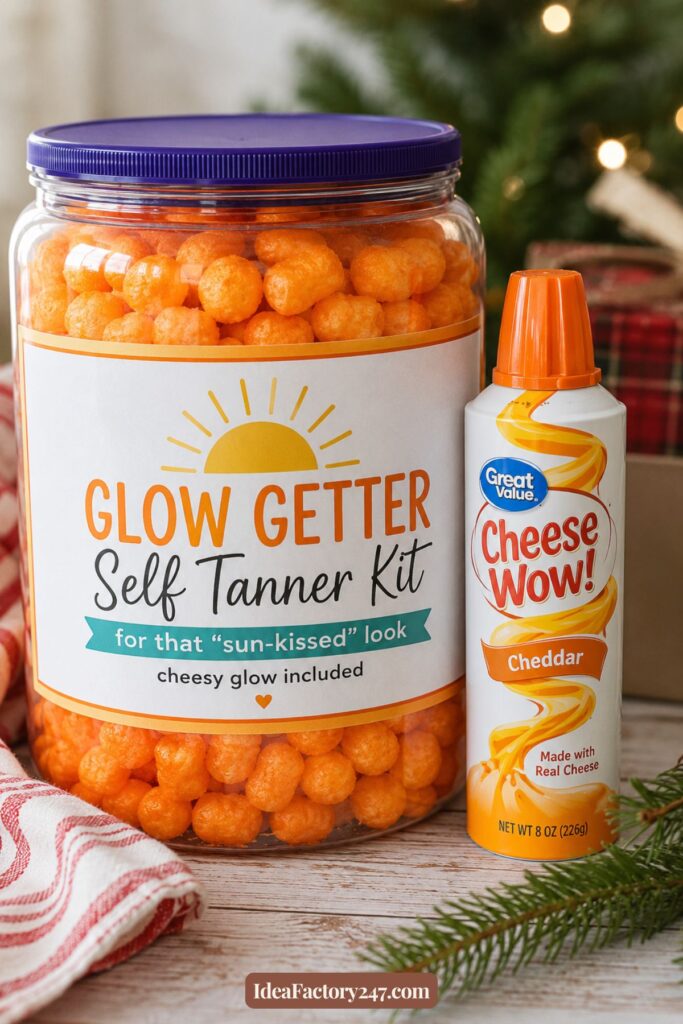 A large jar labeled Glow Getter Self Tanner Kit filled with cheese balls sits next to a can of Great Value Cheese Wow! Cheddar spray cheese. A Christmas tree and cozy decor are in the background.