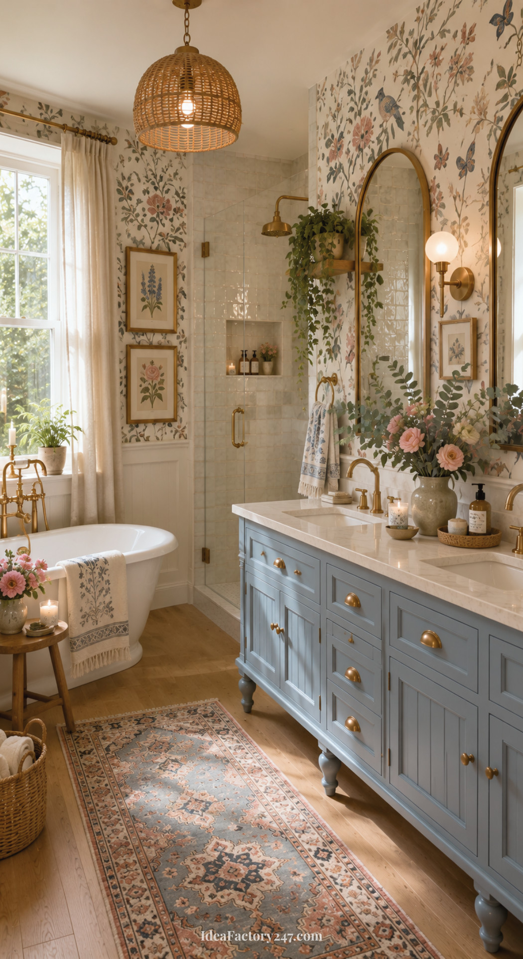 Bright, vintage-inspired whimsical bathroom with floral wallpaper, blue double vanity, gold fixtures, a freestanding tub, woven pendant light, floral decor, and large window letting in natural light. Rug and plants add warmth.