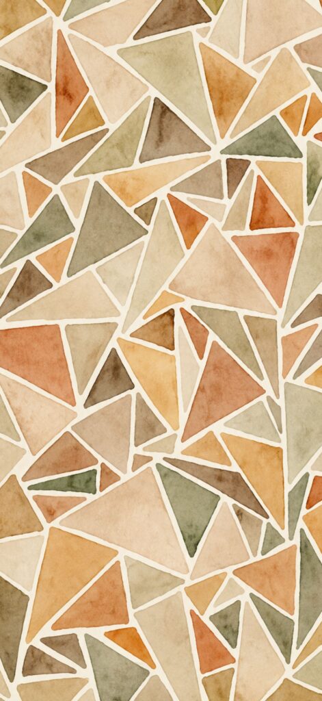 Abstract pattern of variously sized, irregular triangles in earth tones like beige, brown, orange, and olive green, outlined in white, resembling a mosaic or stained glass.