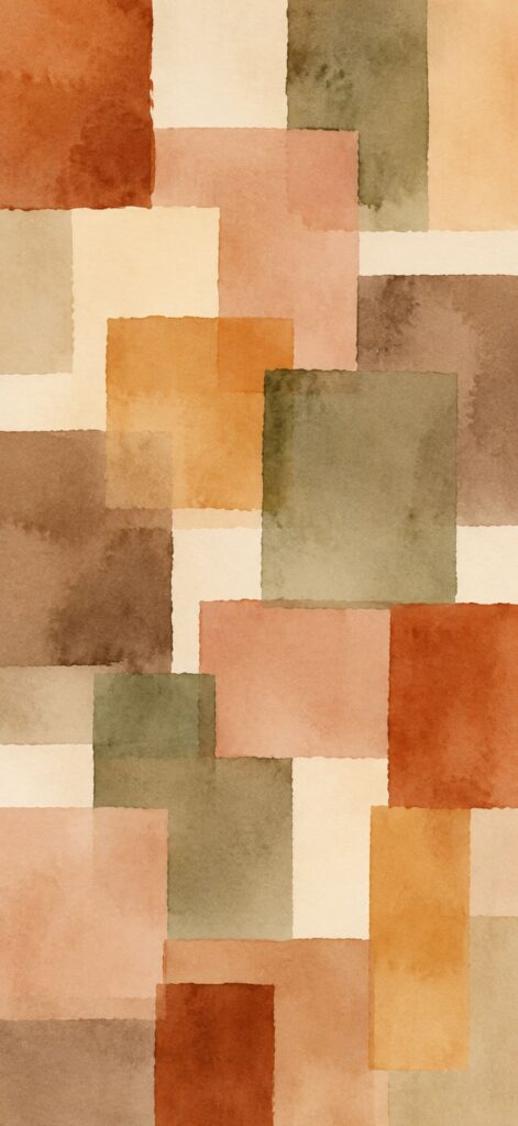 Watercolor painting of overlapping rectangles in earthy tones, including beige, olive green, burnt orange, brown, and tan, arranged in a geometric, abstract pattern—perfect as an Abstract iPhone Wallpaper.